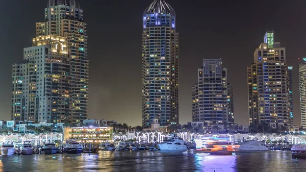 Strandpromenaden Och Kanalen Dubai Marina Timelapse Natten Uae Visa Från — Stockfoto