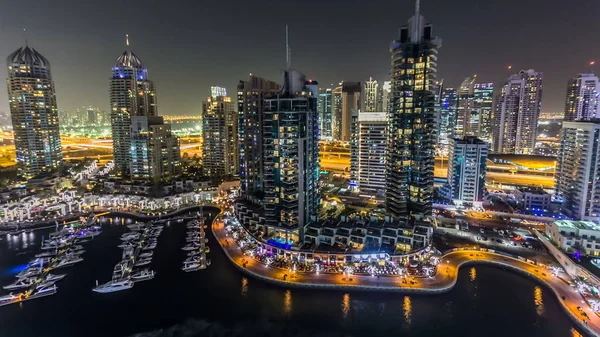 Beautiful Aerial Top View Night Timelapse Dubai Marina Promenade Canal — Stock Photo, Image