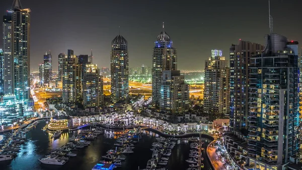 Hermosa Vista Aérea Superior Noche Timelapse Dubai Marina Paseo Marítimo —  Fotos de Stock