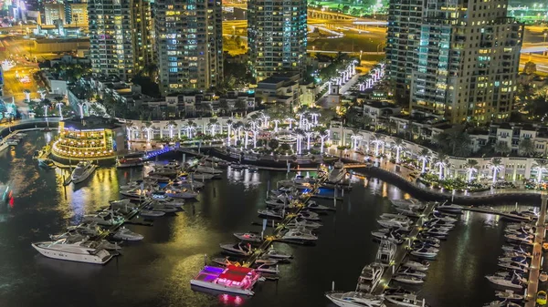 Beautiful Aerial Top View Night Timelapse Dubai Marina Promenade Canal — Stock Photo, Image