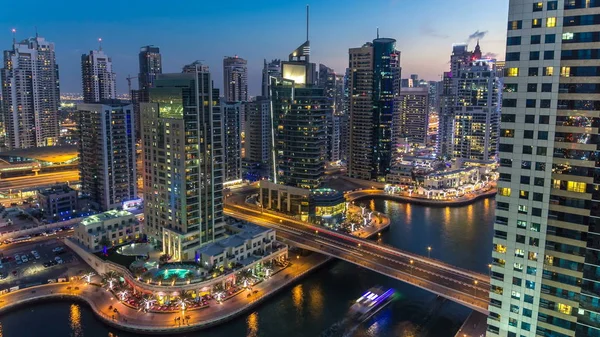 Schöne Luftaufnahme Von Tag Nacht Übergang Zeitraffer Von Dubai Marina — Stockfoto