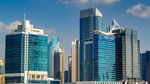 Scenic Skyline Dubai Business Bay Modern Skyscrapers Day Time Timelapse — стоковое фото