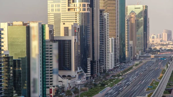 Dubai Belvárosa Tornyosul Esti Időszámításban Légi Kilátás Sheikh Zayed Felhőkarcolók — Stock Fotó
