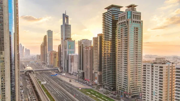 Downtown Dubai Türmt Sich Zeitraffer Auf Luftaufnahme Der Sheikh Zayed — Stockfoto