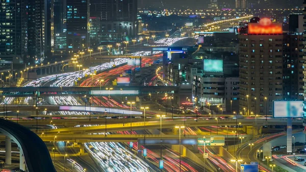 Downtown Dubai Torres Noite Timelapse Vista Aérea Estrada Sheikh Zayed — Fotografia de Stock