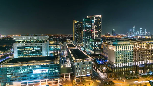 Escénica Arquitectura Del Centro Dubai Por Noche Timelapse Vista Aérea — Foto de Stock