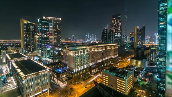 Malerische Dubai Innenstadt Architektur Der Nacht Zeitraffer Luftaufnahme Zahlreicher Wolkenkratzer — Stockfoto