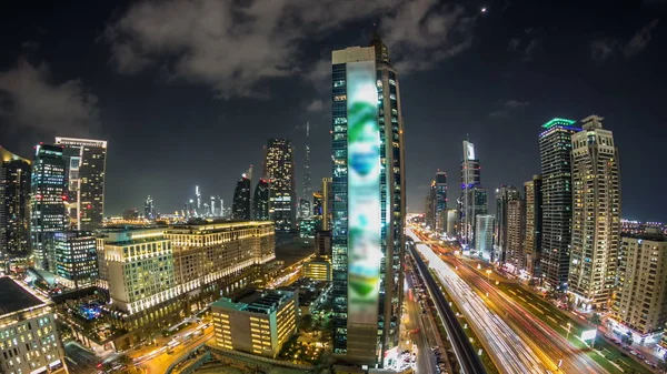 Dubai Belvárosa Tornyok Éjszakai Időeltolódás Légi Kilátás Sheikh Zayed Felhőkarcolók — Stock Fotó