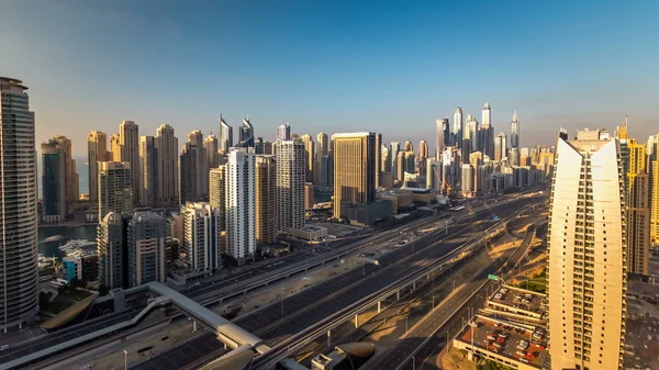 Mooie Luchtfoto Bovenaanzicht Zonsondergang Timelapse Van Dubai Marina Jlt Wolkenkrabbers — Stockfoto