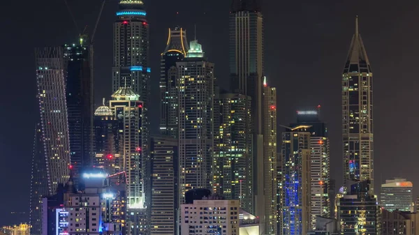 Gyönyörű Top Légifelvételek Éjszakai Timelapse Dubai Marina Felhőkarcoló Ban Dubai — Stock Fotó