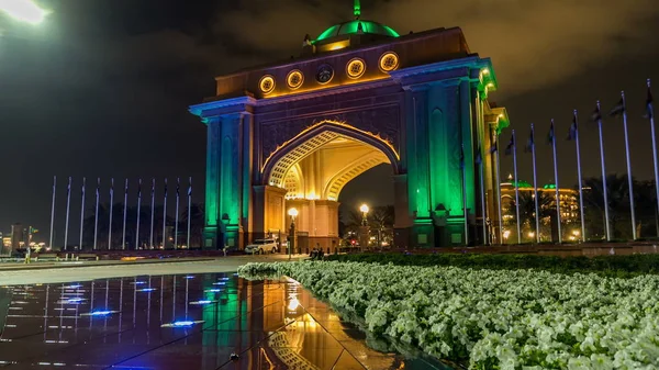 Fontaine Colorée Porte Emirates Palace Nuit Timelapse Eau Emirates Palace — Photo