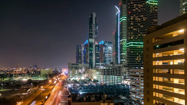 Centro Dubai Torres Noche Timelapse Vista Aérea Carretera Sheikh Zayed — Foto de Stock