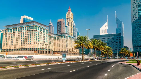 Modern Skyscrapers Timelapse Sheikh Zayed Road Traffic Dubai United Arab — Stock Photo, Image