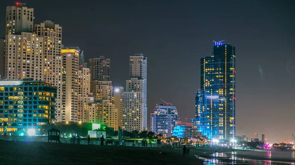 Vista Dos Arranha Céus Modernos Noite Timelapse Jumeirah Residência Praia — Fotografia de Stock
