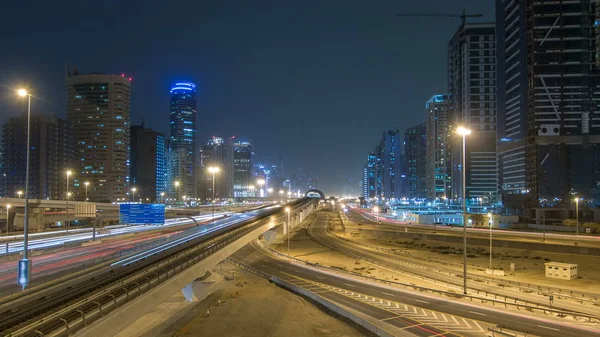 Sheikh Zayed Road Ruchu Noc Timelapse Dubai Marina Jlt Wieżowce — Zdjęcie stockowe