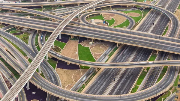 Aerial Top View Highway Junction Traffic Timelapse Dubai Uae Sunset — Stock Photo, Image