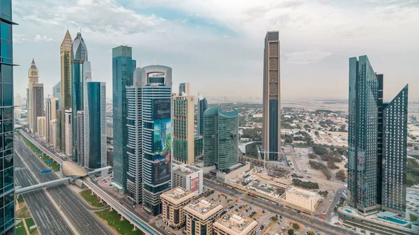 Dubai Centro Horizonte Timelapse Pôr Sol Com Belos Arranha Céus — Fotografia de Stock