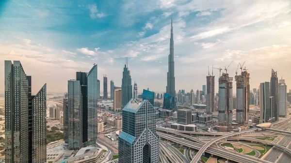 Dubai Downtown Skyline Timelapse Sunset Beautiful City Center Skyscrapers Sheikh — Stock Photo, Image