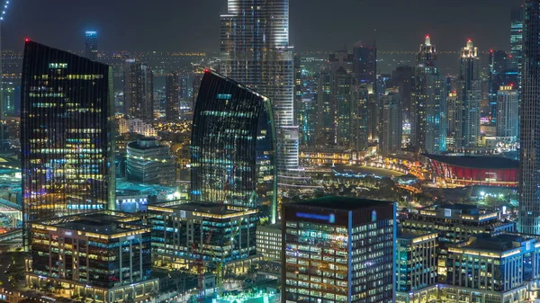 Flygfoto Över Dubai Centrum Lake Area Night Timelapse Och Skyskrapor — Stockfoto