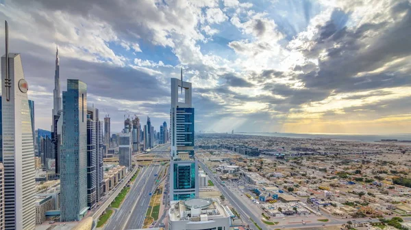 Dubai Arranha Céus Pôr Sol Time Timelapse Noite Dubai Metro — Fotografia de Stock