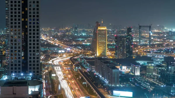 Schilderachtige Dubai Centrum Het Platform Nacht Timelapse Luchtfoto Bovenaanzicht Sheikh — Stockfoto