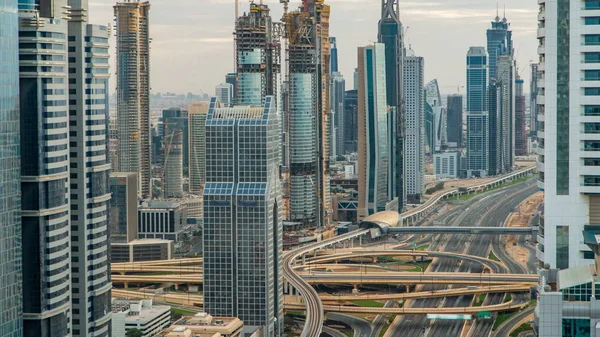 Dubai Downtown Timelapse Felülnézet Lövés Egy Tetőtéri Nézőpontból Naplemente Előtt — Stock Fotó