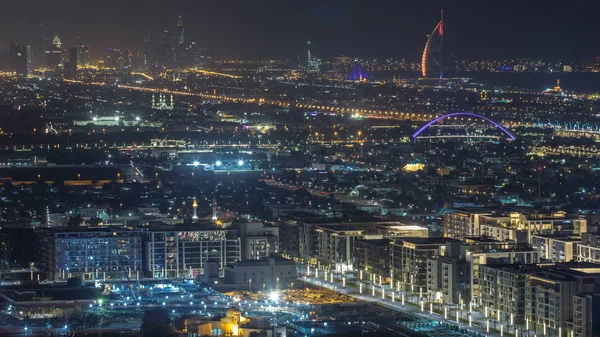 Skyline Van Dubai Met Dubai Marina Wolkenkrabbers Kustlijn Bij Schemering — Stockfoto