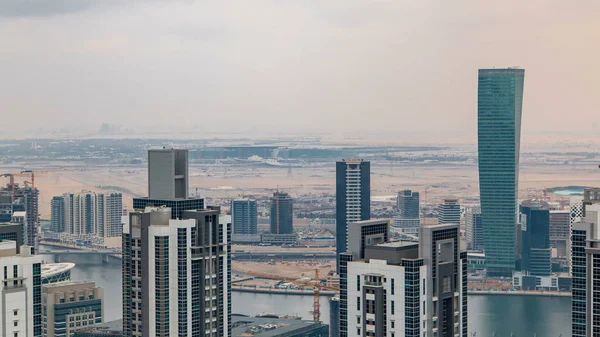 Dubai Business Bay Towers Sunset Timelapse Rooftop View Some Skyscrapers — Stock Photo, Image