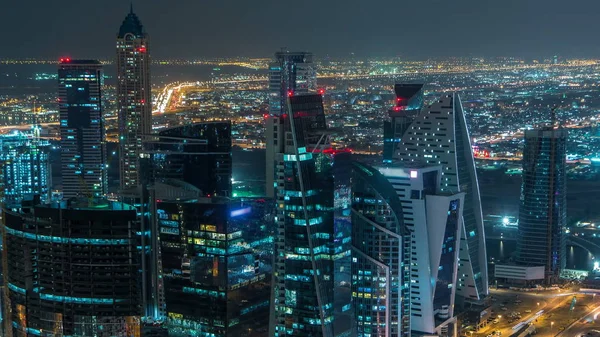 Dubai Business Bay Towers Illuminated Night Timelapse Highway Road Traffic — Stock Photo, Image