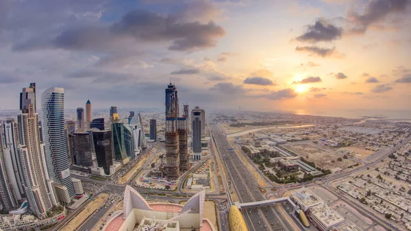 Dubai Business Bay Towers Sunset Timelapse Rooftop View Some Skyscrapers — Stock Photo, Image