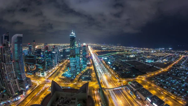 Dubai Torres Bahía Negocios Iluminadas Por Noche Timelapse Canal Agua — Foto de Stock