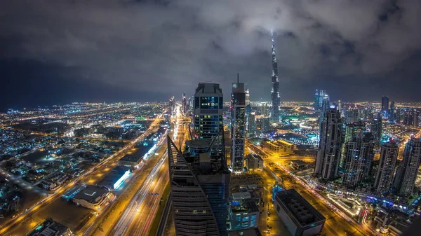 Gyönyörű Panorámás Látképe Dubai Éjszaka Timelapse Egyesült Arab Emírségek Kilátás — Stock Fotó