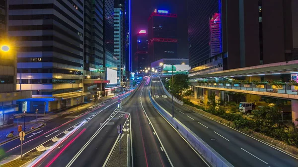 Hong Kong Obchodní Čtvrti Timelapse Noci Firemní Budově Rušný Provoz — Stock fotografie