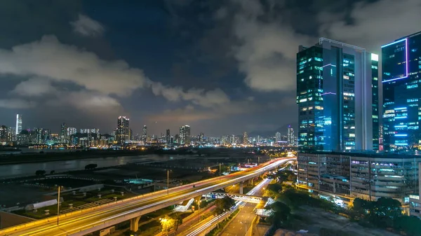 Bovenaanzicht Van Kowloon Drukke Verkeer Nacht Onderweg Met Torens Financiën — Stockfoto