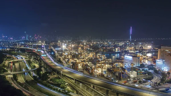 Hong Kong Skyline Und Containerterminal Nächtlichen Zeitraffer Hong Kong Kwai — Stockfoto
