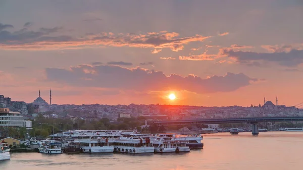 Passenger Ferry Boat Station Bosphorus Golden Horn Sunset Timelapse Istanbul — Photo