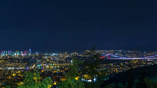 Işıklı Fatih Sultan Mehmet Köprüsü Görünümü Asya Avrupa Gece Timelapse — Stok fotoğraf