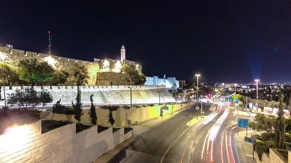 Ruch Ulicy Jaffa Wieża Dawida Nocy Timelapse Hyperlapse Mostu Jerozolima — Zdjęcie stockowe