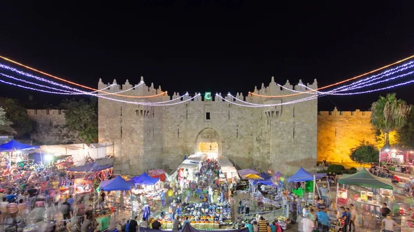 Porte Damas Timelapse Old City Jérusalem Palestine Israël Nuit Lumière — Photo