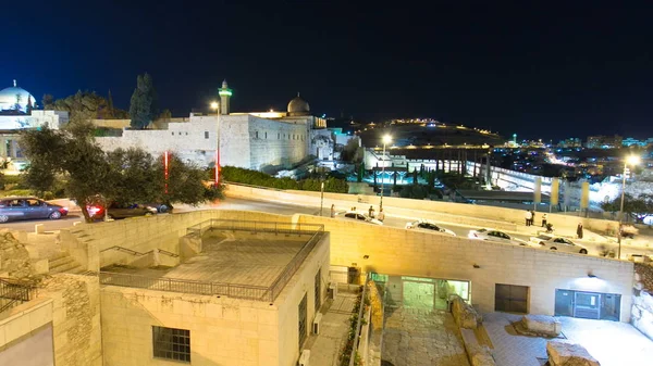 Гиперлапс Иерусалима Ночное Время Мечетью Аль Акса Масличной Горой Вид — стоковое фото