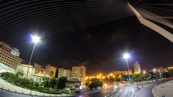 Meg Hídról Santiago Calatrava Éjszaka Timelapse Hyperlapse Bejáratánál Jeruzsálemben Közúti — Stock Fotó