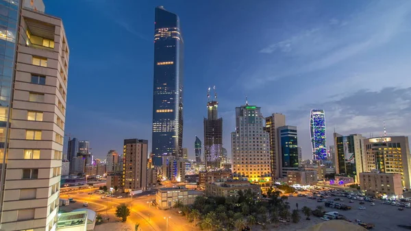 Skyline Skyscrapers Day Night Transition Timelapse Kuwait City Downtown Illuminated — Stock Photo, Image