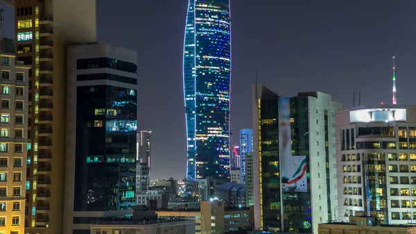 Panorama Mrakodrapy Noční Timelapse Kuvajt City Downtown Osvětlené Soumraku Kuwait — Stock fotografie