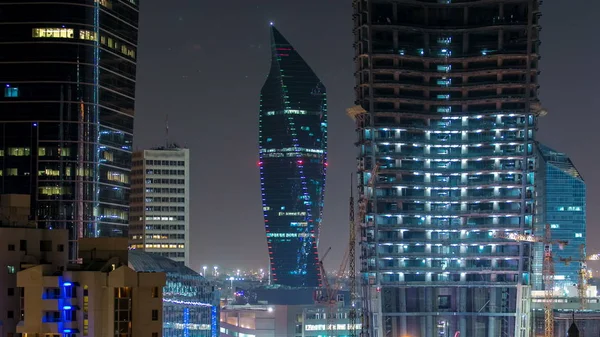 Skyline Com Arranha Céus Noite Timelapse Centro Cidade Kuwait Iluminado — Fotografia de Stock