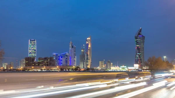 Skyline Skyscrapers Day Night Transition Timelapse Kuwait City Downtown Illuminated — Stock Photo, Image