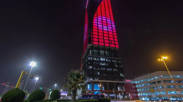 Rascacielos Wataniya Sede Iluminado Por Noche Hiperlapso Timelapse Centro Kuwait — Foto de Stock