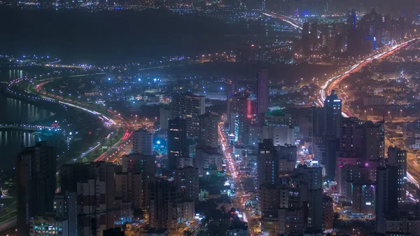 Skyline Con Rascacielos Noche Timelapse Centro Kuwait Iluminado Atardecer Ciudad —  Fotos de Stock