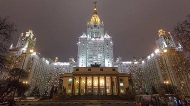 Ana bina, Moskova Devlet Üniversitesi Tarih serçe Hills, kış timelapse hyperlapse gece, Rusya 4k