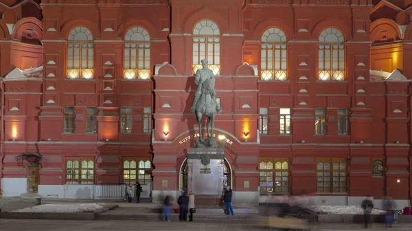 Emlékmű Marsall Zhukov Éjjel Történeti Múzeum Közelében Timelapse Hyperlapse Moscow — Stock Fotó