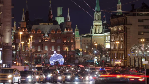 Kerst Installatie Manezhnaya Vierkante Historisch Museum Kremlin Torens Van Tverskaja — Stockfoto